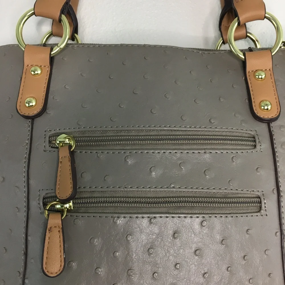 Taupe Ostrich & Tan Faux Leather Handbag